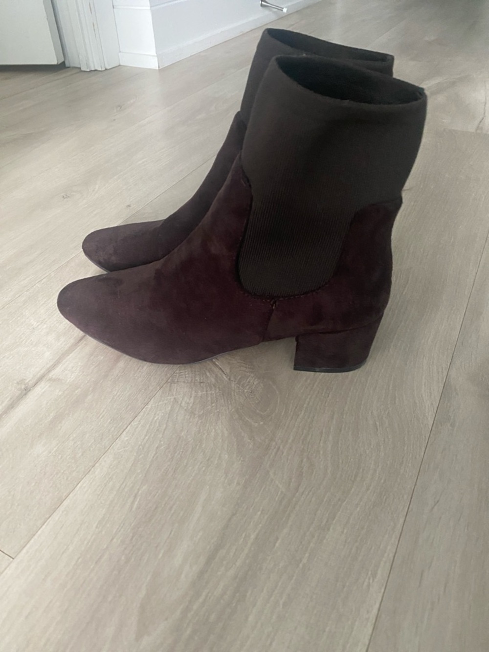 Women's Faux Suede  Boots in Dark Brown- with Stretch Panel  for easy pull on